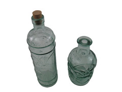 Green Tinted Glass Bottles Lot – Embossed Fruit & Grape Decor 8in & 12in