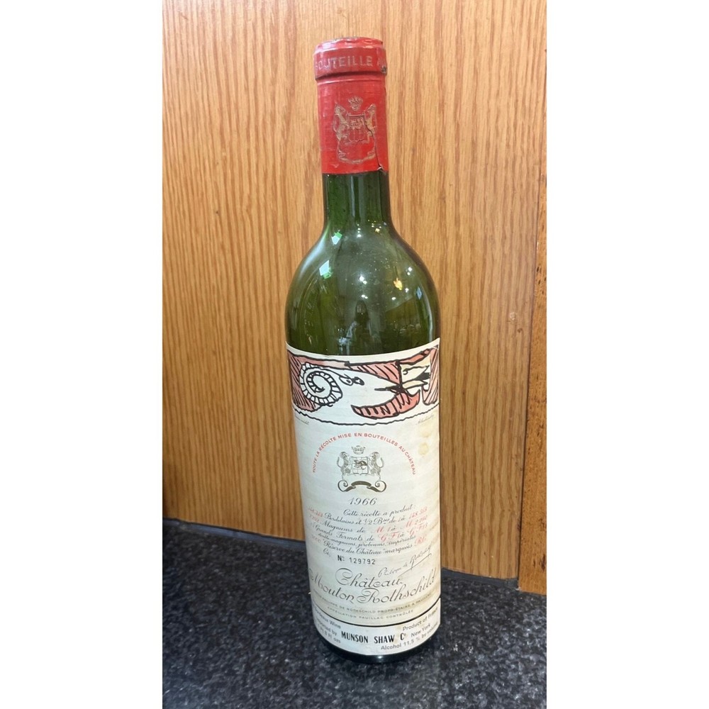 Vtg Wine Bottle Empty Chateau Mouton Rothschild 1966 Hand Written Hand Numbered