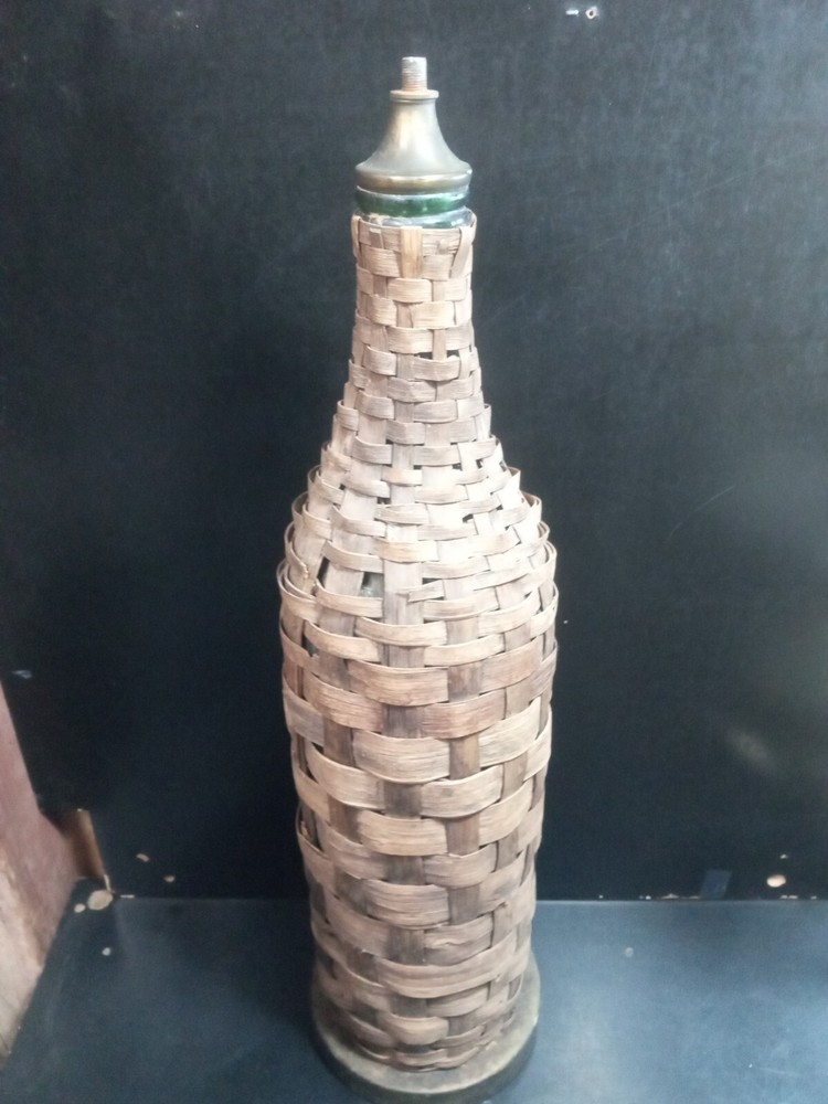 Vintage Large Wicker Wrapped Glass 24” Green Wine Bottle lamp Parts Repair