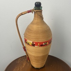 Vintage Spanish Burgundy Wine Bottle Rattan Wrapped With Handle & Cork MCM HTF