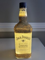 Large Empty Glitter Gold Jack Daniels Tennessee Honey Liquor Bottle, White Light