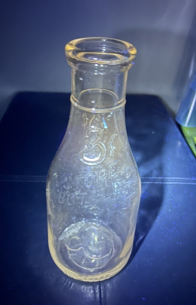 Vintage Milk Bottle 3 Cent Clear Glass Dairy Quart Bottle Cadmium Glow