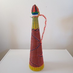 Vintage 60s MCM Viresa Spain Scoubidou Plastic Wicker Wrapped Wine Bottle Boho