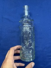 La Mediterranean Blown Teal Glass Wine Bottle W/Cork Embossed Grapes