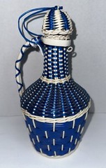 Vintage Blue Woven Plastic Green Glass Wine Bottle Jug Lid Wrapped Albania