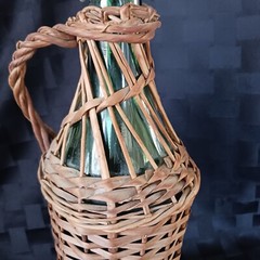 Vtg 2L European 16&Prime; Wicker Covered Demijohn Bottle w/Baled Porcelain Stopper