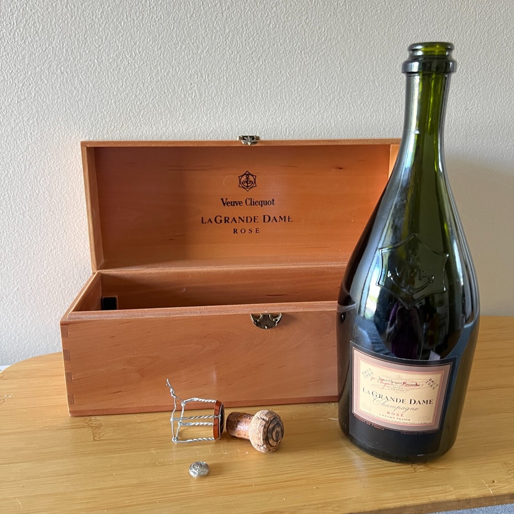 Empty 1989 Veuve Clicquot La Grande Dame Rose Bottle Wood Box Cork Wire Cage Set