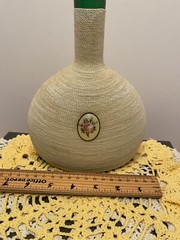 Twine Wrapped Liquor Bottle W/ Floral Medallion Rare Green Glass MCM Bar Decor