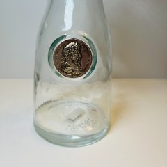 Vtg Wine Clear Glass Carafe Decanter Raised Faux Antique Gold Finish Medall Rare