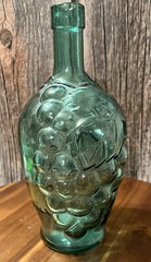 Clear Blue Green Grape Vineyard Design Wine Bottle 9” tall Rare Vintage