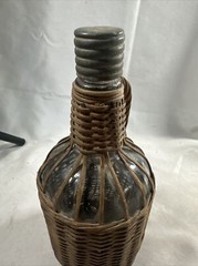 Old Glass Bubble Wicker Wrapped Bottle With Metal Screw Cork 10” Denver Antique