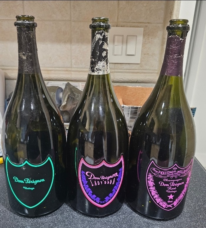 3 Empty Dom Perignon Luminous Bottle, Lady Gaga Dom P Rose And Brut 1.50lt Vinta