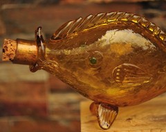 Vintage Haas Bros California Glass Fish Decanter Bottle Amber w/ Green Eyes 15&Prime;