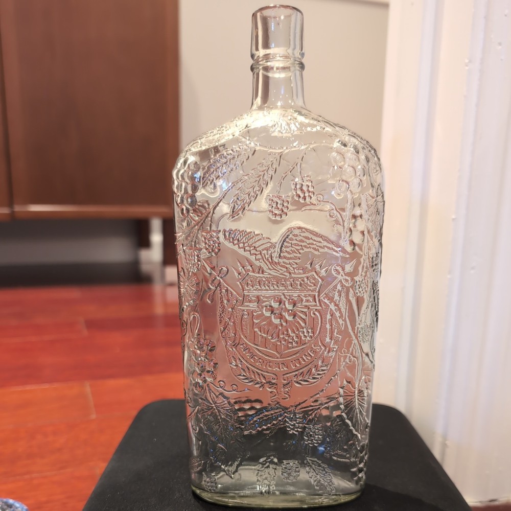 Vintage GARRETT’S American Wines Embossed Clear Glass Bottle 10.25 In. Flask