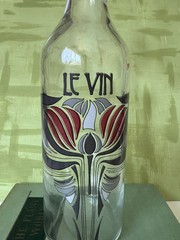 LE VIN Vintage French Wine Glass Bottle, Porcelain Stopper; Art Nouveau Style