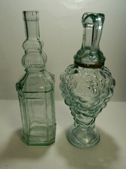 Vintage (2) Embossed Aqua Green Glass Ewer / Decanters 11.75&Prime; (Pinord) Excellent