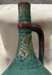 Ceramic Empty Wine Bottle Decor, Signed Beautiful Turquoise And Red