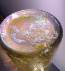 Antique *YELLOW* iridescent glass wine bottle, long neck, 12 oz.