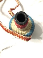 Vintage Plastic Wicker Wrapped Wine Bottle Decanter w/long strap for hanging