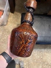 Spanish Matador Brown Leather Wrap Wine Bottle Jug Stopper Cork Catalan VTG