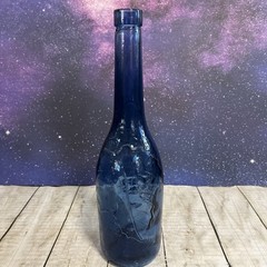 VTG Cobalt Blue European Wine Bottle With Embossed Grapes And Leaves 12.3”