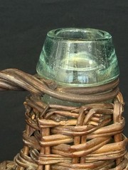 Antq Wicker Wrapped Aqua Glass Demijohn Wine Bottle 15” Tall French Farmhouse