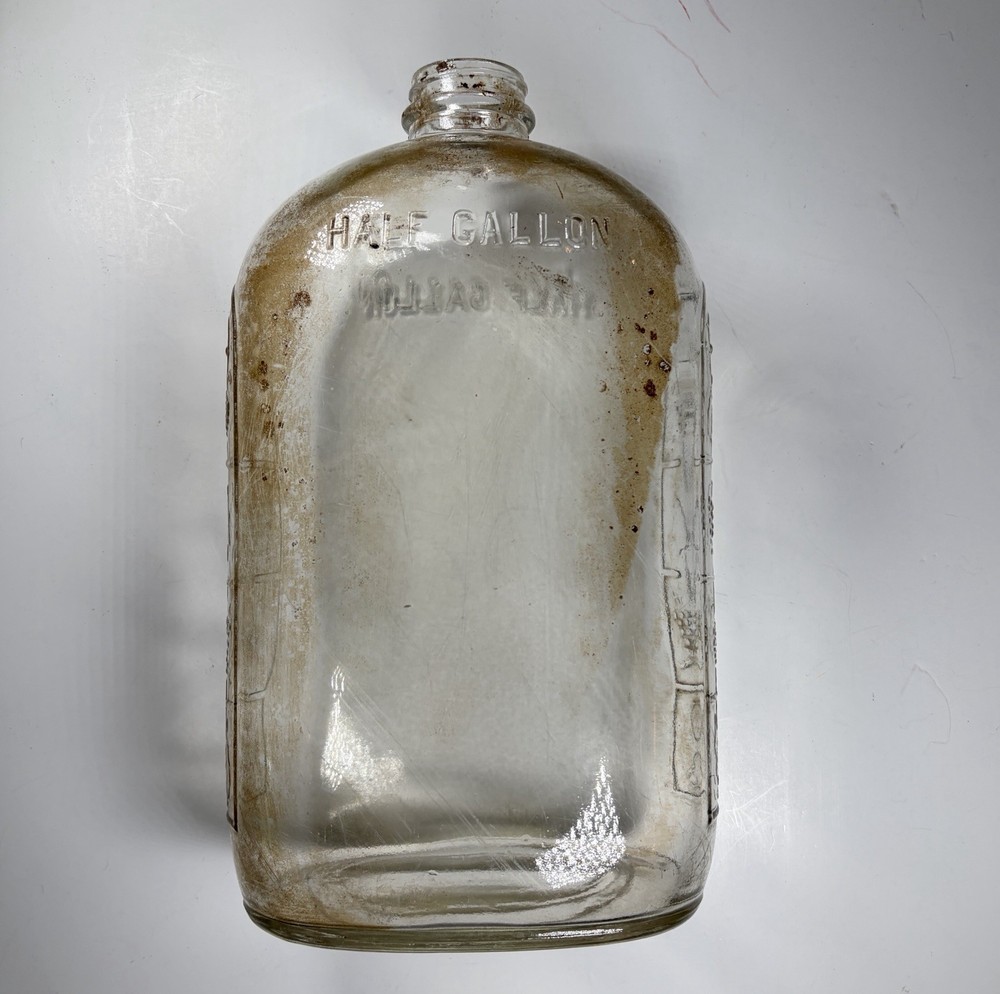Vintage Clear Glass Half Gallon Bottle Embossed Grape Vine Leaf Design Flask Jug