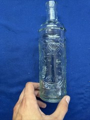 La Mediterranean Blown Teal Glass Wine Bottle W/Cork Embossed Grapes