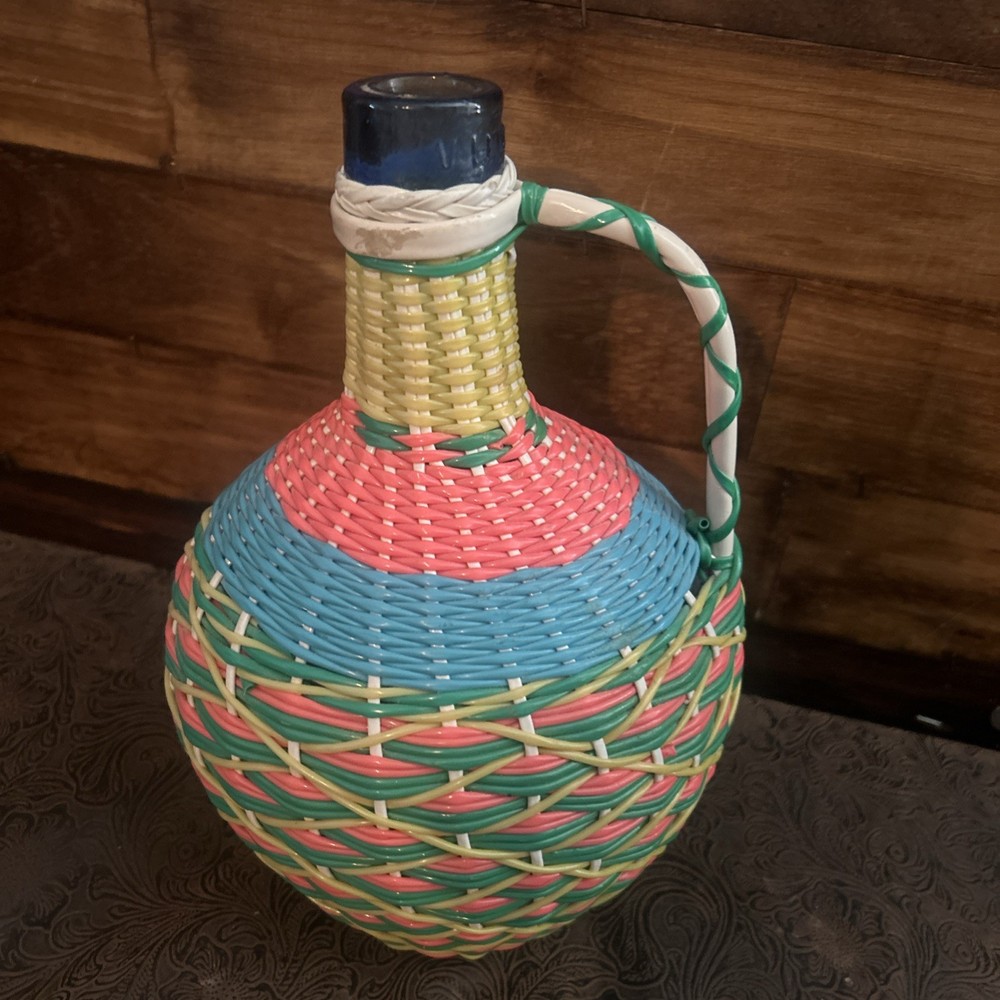 V Levante- Viresa Wine Bottle With Woven Scoubidou Wicker 11” Tall