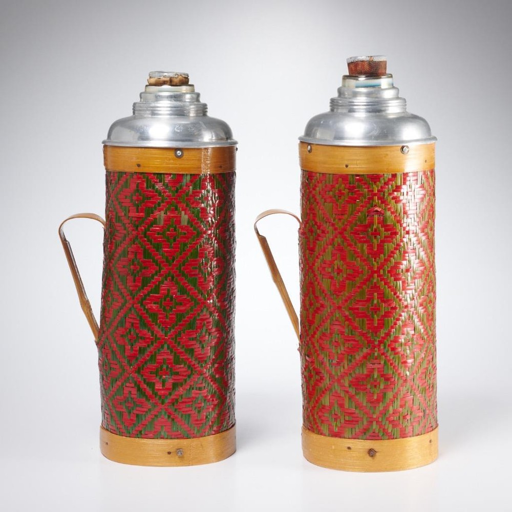 French 1950s Vtg Green Red Rattan Wrapped Picnic Camping Thermos Flask Bottles