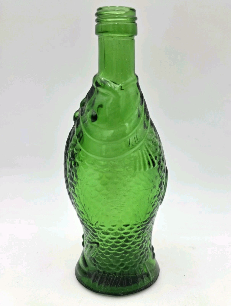 Green Glass Fish Bottle Decanter 8&Prime; Figural Wine Liquor Vase VTG