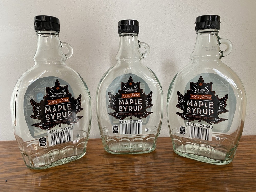Lot of 3 Maple Syrup Bottles /Jugs w/ Loop Handles & Plastic Caps 12.5 oz/375mL