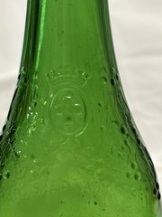 Vgt Green Glass Wine Bottle With Embossed Grape Designs, 11” Tall