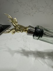 Vintage Wine Bottle Decanter Basket Pattern Greenish Hue With Deer Stopper