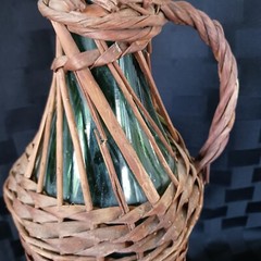 Vtg 2L European 16&Prime; Wicker Covered Demijohn Bottle w/Baled Porcelain Stopper
