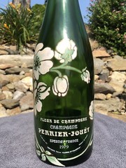 Vintage 1979 Perrier Joet Hand Painted Flower Champagne Green Glass Bottle Empty