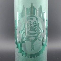 Frosted Green Glass Bottle Bong w/ Lucky Buddha Etched & Hole in Back 12&Prime;inx3&Prime;in