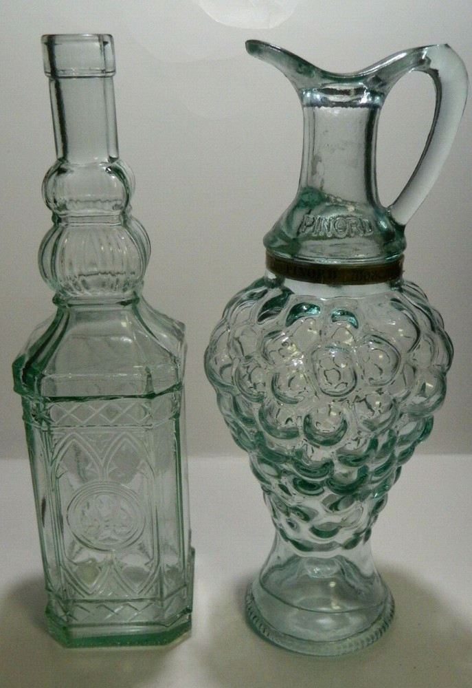 Vintage (2) Embossed Aqua Green Glass Ewer / Decanters 11.75&Prime; (Pinord) Excellent