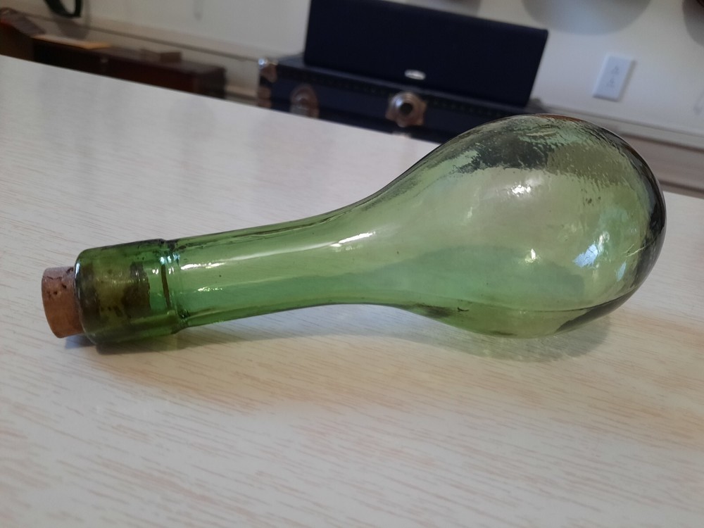 Antique 19th Century Glass Round Bottom Bulb Wine Bottle Flask Decanter Green