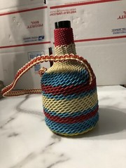 Vintage Plastic Wicker Wrapped Wine Bottle Decanter w/long strap for hanging