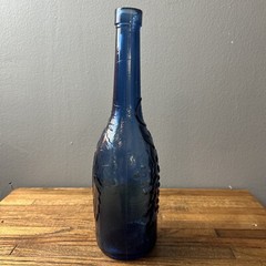 VTG Cobalt Blue European Wine Bottle With Embossed Grapes And Leaves 12” X 3.25”