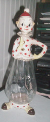 Vintage 1950&rsquo;s clown wine bottle decanter clear glass body ceramic top feet