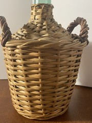 Vintage V. Levante Spanish wicker covered green glass demijohn bottle See Pics