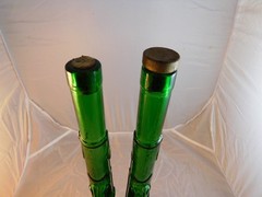 2 VINTAGE EMBOSSED DESIGN GUN / RIFLE EMERALD GREEN GLASS WINE BOTTLE 16 »