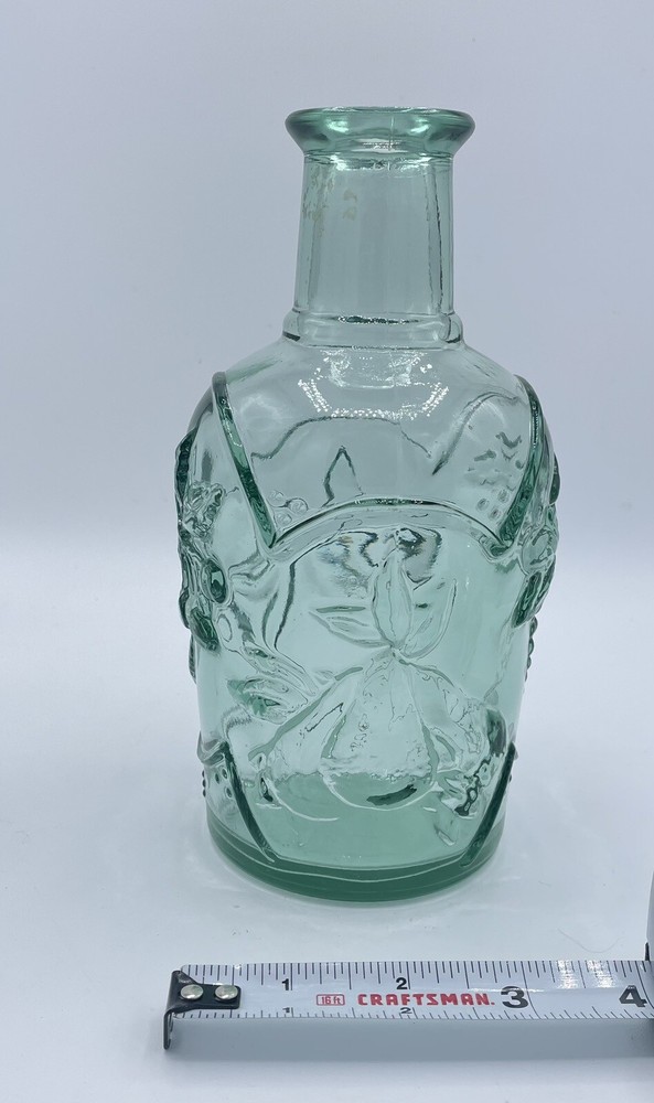 Vintage pressed green glass wine bottle, Embossed seal, Unique Shape, Canada