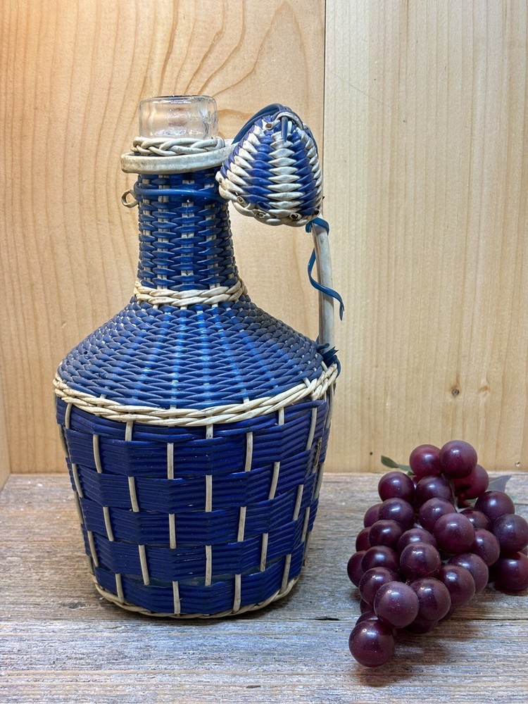 Vintage Blue Woven Wine Bottle Jug with Lid Wrapped-Albania