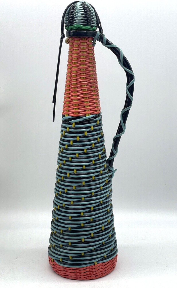 Vintage Plastic Colorful Wicker Wrapped Wine Bottle Decanter Made in Spain 14.5&Prime;