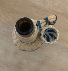 Vintage 1970s FRENCH WICKER-WRAP WINE BOTTLE Parisian Blue/Cream Plastic Vintner