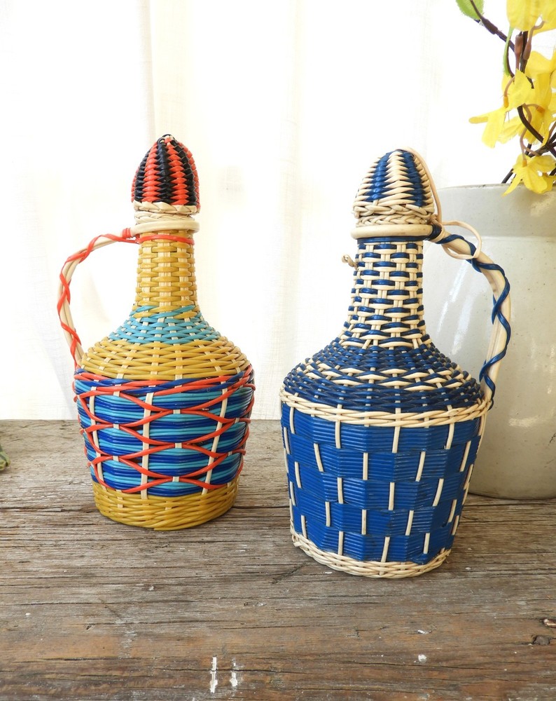 MCM 2 Colorful Plastic Wrapped Glass Bottles|Viresa Demijohn Spain J. Albinana H