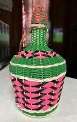 Vintage Viresa Labeled Spain Wine Bottle Plastic Woven Wicker Metal Handle 12”H
